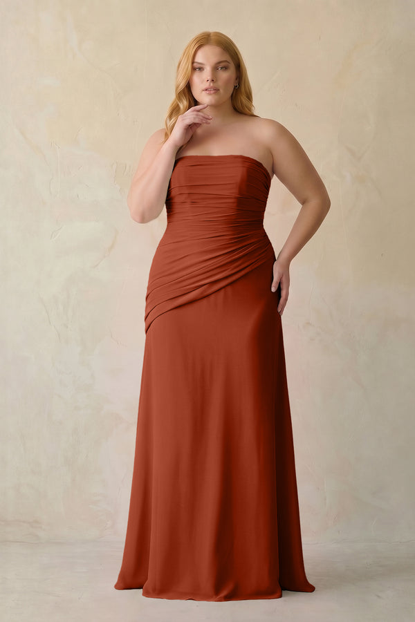 Spice Sheath Chiffon Strapless Pleated Bridesmaid Dress (3) | KISSBRIDAL[sizeplus]