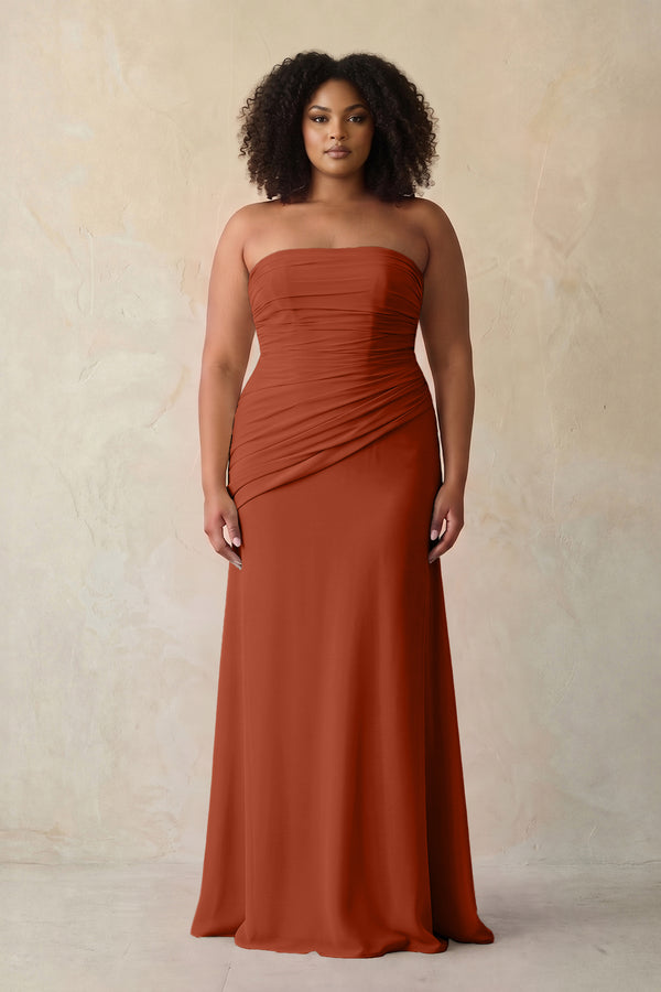 Spice Sheath Chiffon Strapless Pleated Bridesmaid Dress | KISSBRIDAL[sizeplus]
