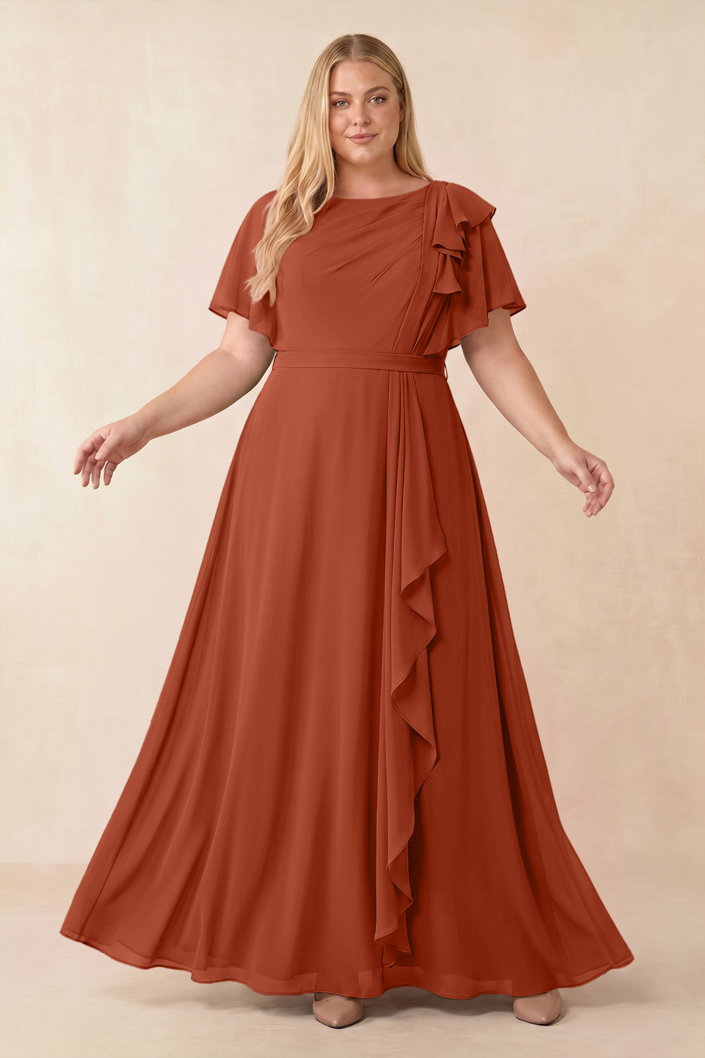 Short Sleeves Bateau A-Line Chiffon Bridesmaid Dress in Spice