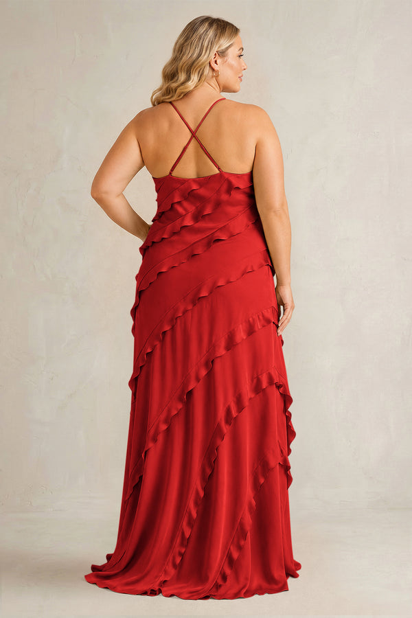 Spice Spaghetti Straps Sheath Stain Ruffled Bridesmaid Dress (2) | KISSBRIDAL[sizeplus]