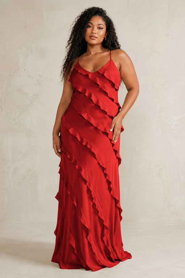 Spice Spaghetti Straps Sheath Stain Ruffled Bridesmaid Dress (3) | KISSBRIDAL[sizeplus]