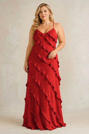 Spice Spaghetti Straps Sheath Stain Ruffled Bridesmaid Dress | KISSBRIDAL[sizeplus]