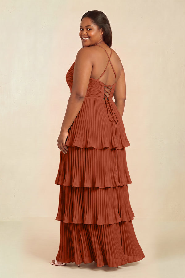 Spice Tiered Pleated V-Neck A-Line Chiffon Bridesmaid Dress (2) [sizeplus] | KISSBRIDAL