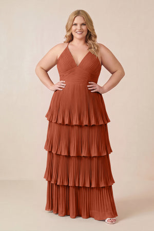 Spice Tiered Pleated V-Neck A-Line Chiffon Bridesmaid Dress (3) [sizeplus] | KISSBRIDAL