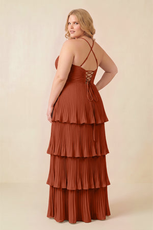 Spice Tiered Pleated V-Neck A-Line Chiffon Bridesmaid Dress (4) [sizeplus] | KISSBRIDAL