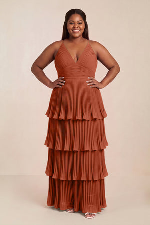 Spice Tiered Pleated V-Neck A-Line Chiffon Bridesmaid Dress [sizeplus] | KISSBRIDAL