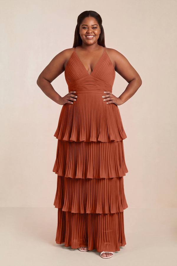 Spice Tiered Pleated V-Neck A-Line Chiffon Bridesmaid Dress [sizeplus] | KISSBRIDAL