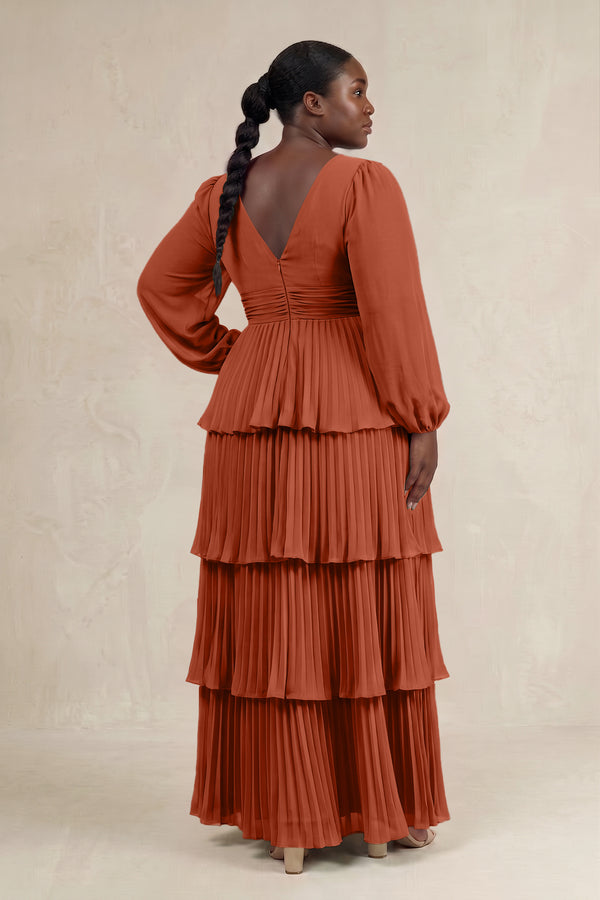 Spice V-Neck Tiered A-Line Long Sleeve Bridesmaid Dress (2) [sizeplus] | KISSBRIDAL
