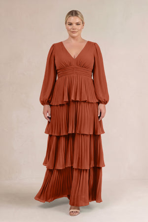 Spice V-Neck Tiered A-Line Long Sleeve Bridesmaid Dress (3) [sizeplus] | KISSBRIDAL