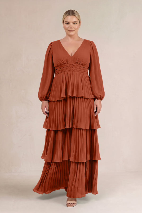 Spice V-Neck Tiered A-Line Long Sleeve Bridesmaid Dress (3) [sizeplus] | KISSBRIDAL