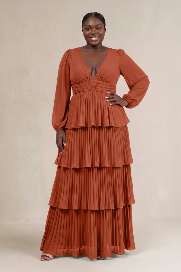 Spice V-Neck Tiered A-Line Long Sleeve Bridesmaid Dress [sizeplus] | KISSBRIDAL