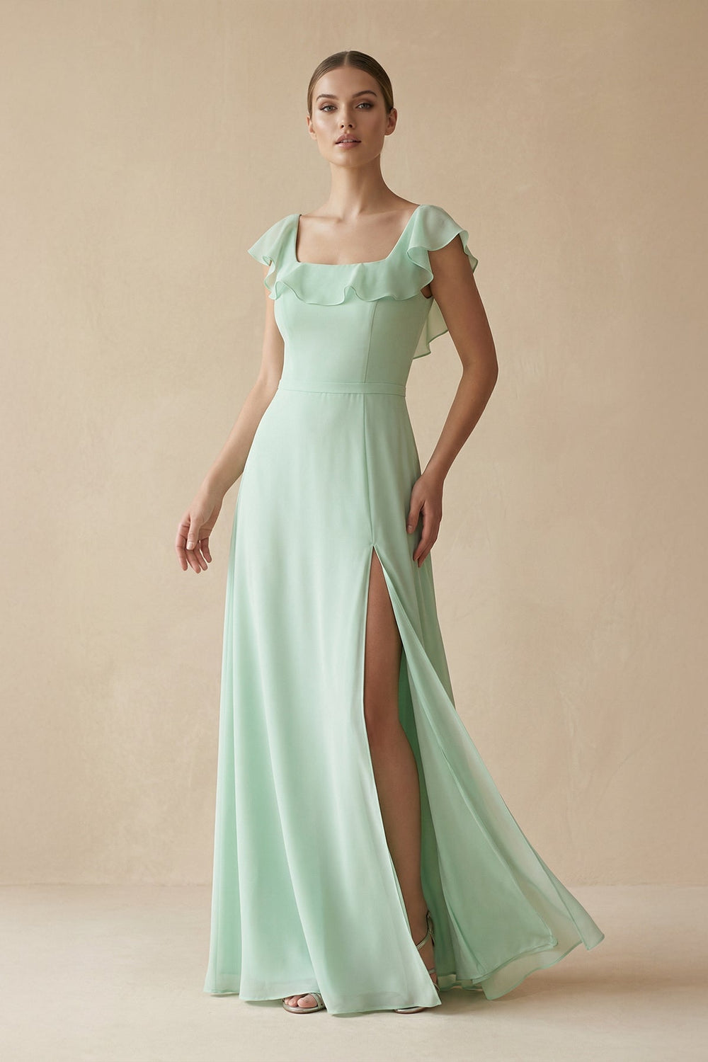 Square Neck A - Line Bridesmaid Dress with Ruffles - SHE IS ME Bridesmaid Dresses