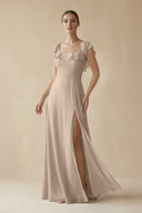 Square Neck A - Line Bridesmaid Dress with Ruffles in Almond - KISS BRIDAL Bridesmaid Dresses