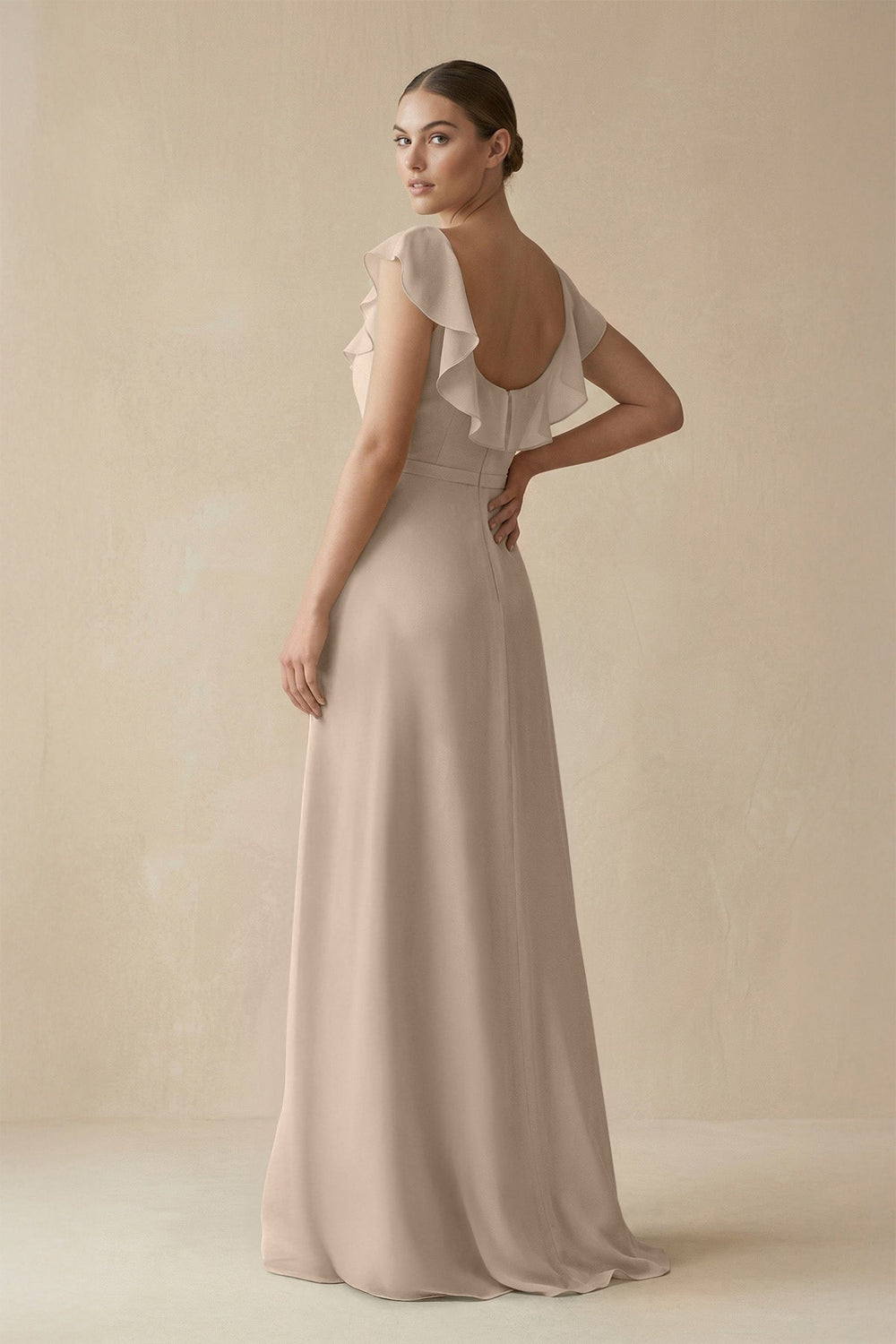Square Neck A - Line Bridesmaid Dress with Ruffles in Almond - KISS BRIDAL Bridesmaid Dresses