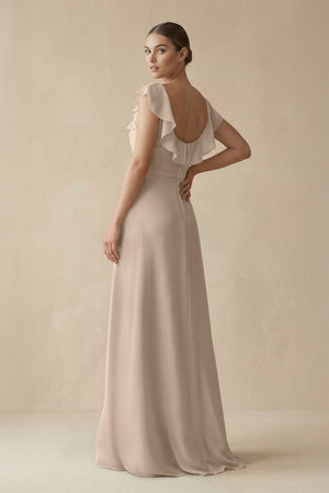 Square Neck A - Line Bridesmaid Dress with Ruffles in Almond - KISS BRIDAL Bridesmaid Dresses