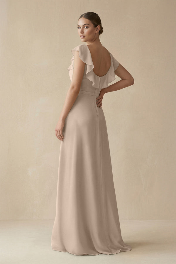 Square Neck A - Line Bridesmaid Dress with Ruffles in Almond - KISS BRIDAL Bridesmaid Dresses