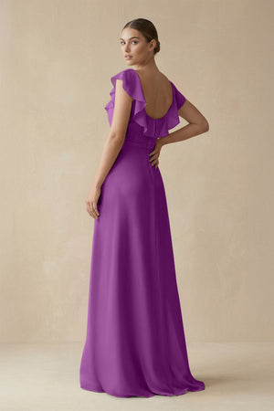 Square Neck A - Line Bridesmaid Dress with Ruffles in Amethyst - KISS BRIDAL Bridesmaid Dresses
