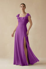 Square Neck A - Line Bridesmaid Dress with Ruffles in Amethyst - KISS BRIDAL Bridesmaid Dresses