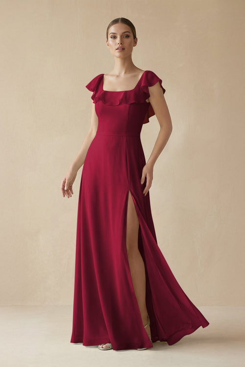 Square Neck A - Line Bridesmaid Dress with Ruffles in Berry - KISS BRIDAL Bridesmaid Dresses