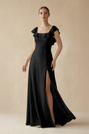 Square Neck A - Line Bridesmaid Dress with Ruffles in Black - SHE IS ME Bridesmaid Dresses