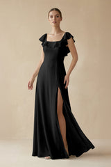 Square Neck A - Line Bridesmaid Dress with Ruffles in Black - KISS BRIDAL Bridesmaid Dresses