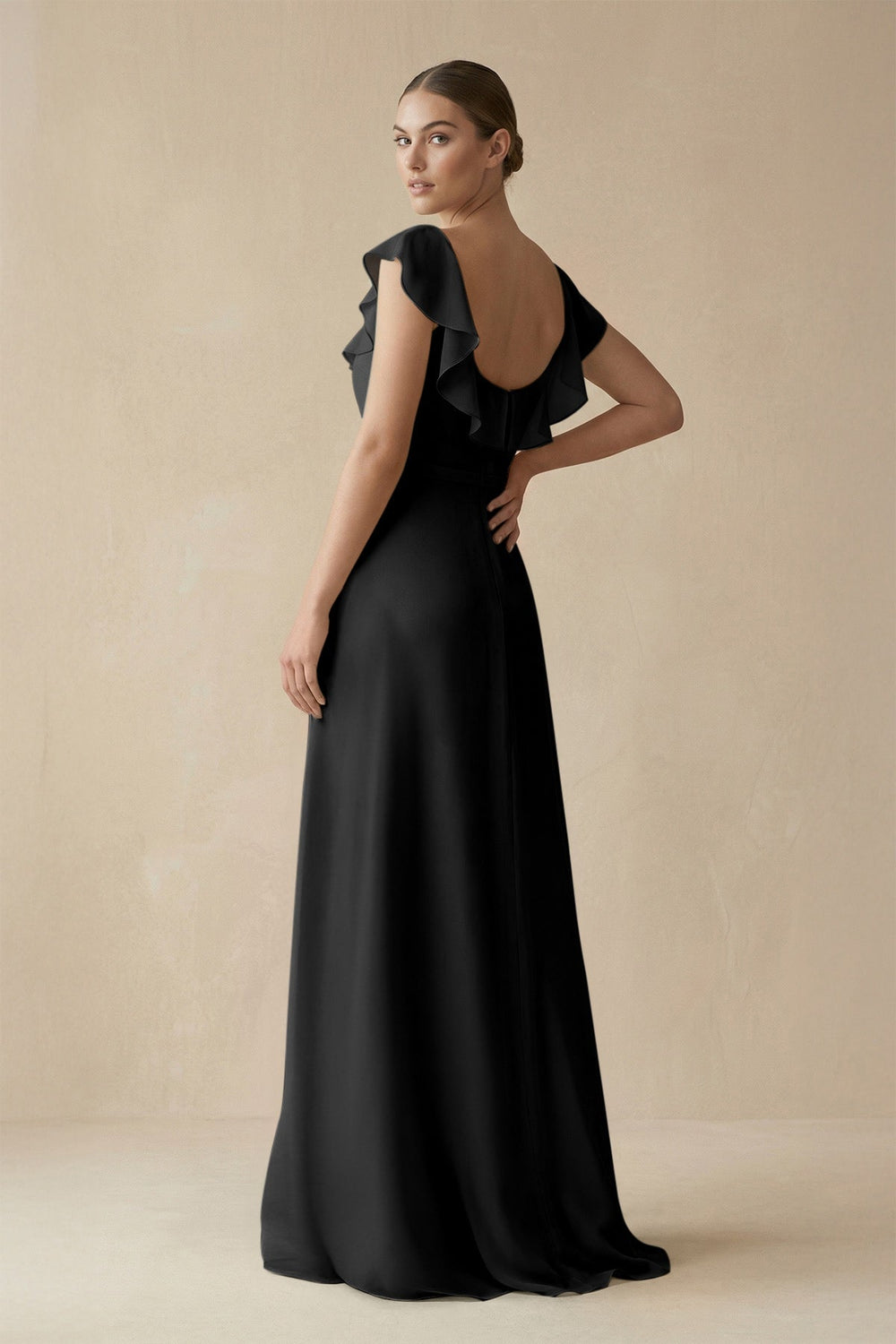 Square Neck A - Line Bridesmaid Dress with Ruffles in Black - KISS BRIDAL Bridesmaid Dresses