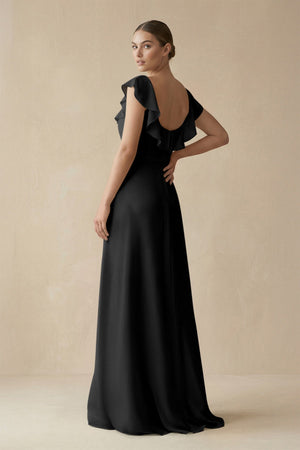 Square Neck A - Line Bridesmaid Dress with Ruffles in Black - SHE IS ME Bridesmaid Dresses