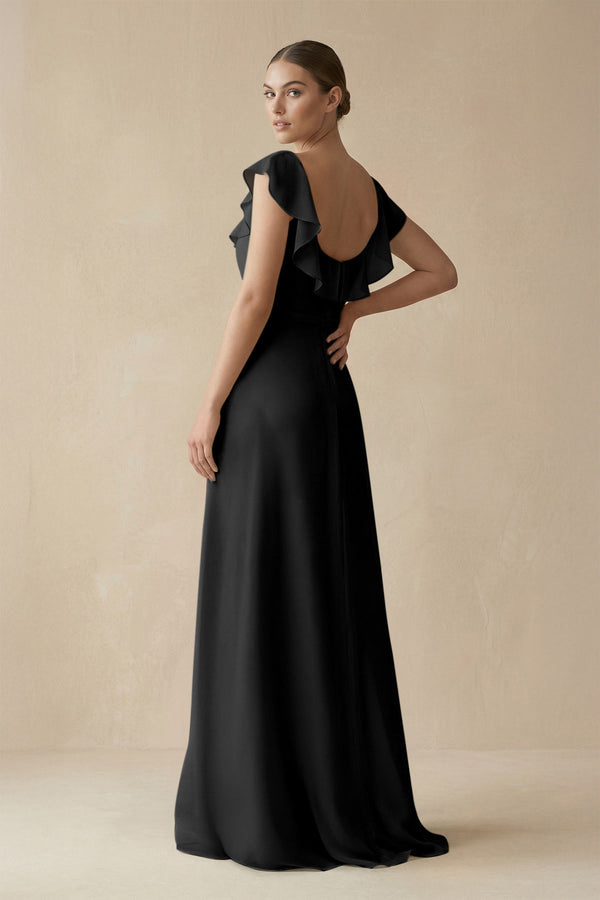 Square Neck A - Line Bridesmaid Dress with Ruffles in Black - SHE IS ME Bridesmaid Dresses