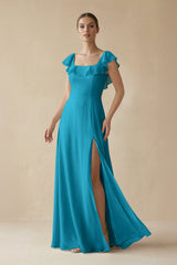 Square Neck A - Line Bridesmaid Dress with Ruffles in Blue Jay - KISS BRIDAL Bridesmaid Dresses