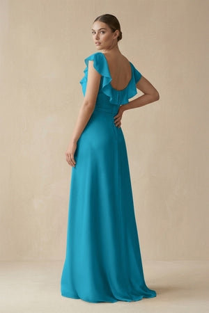 Square Neck A - Line Bridesmaid Dress with Ruffles in Blue Jay - KISS BRIDAL Bridesmaid Dresses