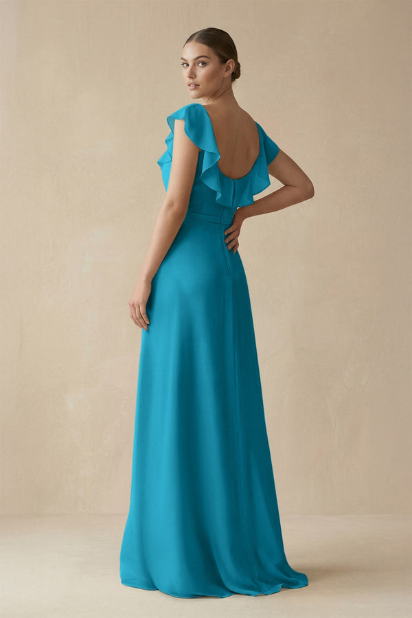 Square Neck A - Line Bridesmaid Dress with Ruffles in Blue Jay - KISS BRIDAL Bridesmaid Dresses