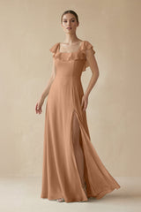 Square Neck A - Line Bridesmaid Dress with Ruffles in Bronzer - KISS BRIDAL Bridesmaid Dresses