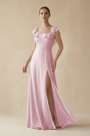 Square Neck A - Line Bridesmaid Dress with Ruffles in Candy Pink - KISS BRIDAL Bridesmaid Dresses