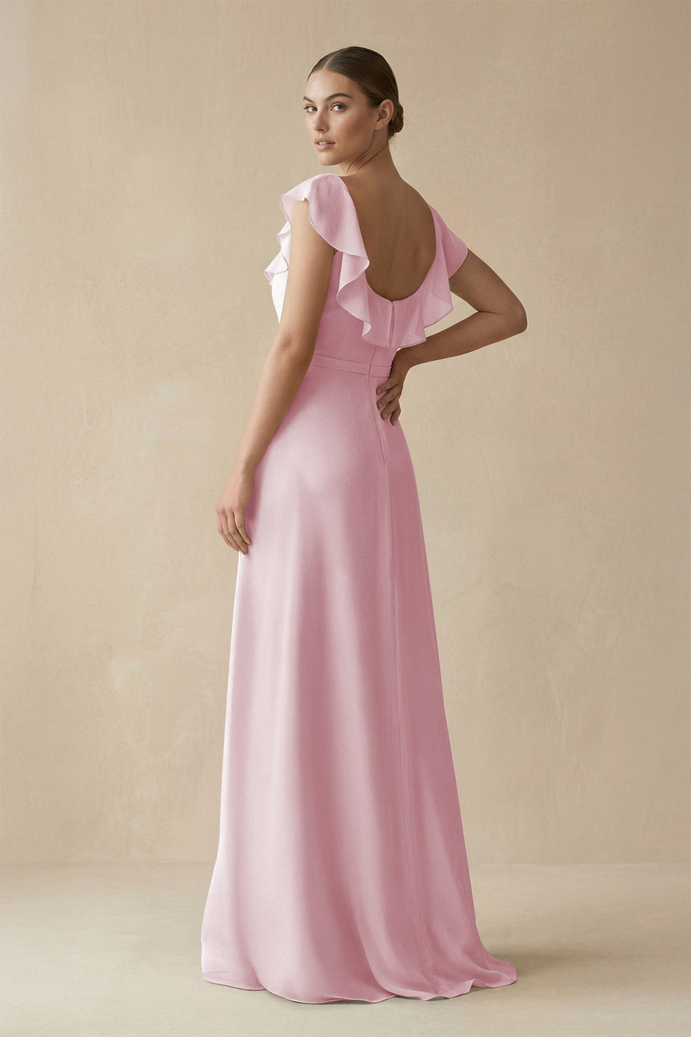 Square Neck A - Line Bridesmaid Dress with Ruffles in Candy Pink - KISS BRIDAL Bridesmaid Dresses