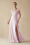 Square Neck A - Line Bridesmaid Dress with Ruffles in Candy Pink - KISS BRIDAL Bridesmaid Dresses
