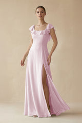 Square Neck A - Line Bridesmaid Dress with Ruffles in Candy Pink - KISS BRIDAL Bridesmaid Dresses