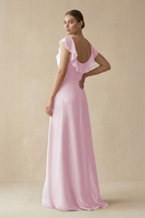 Square Neck A - Line Bridesmaid Dress with Ruffles in Candy Pink - KISS BRIDAL Bridesmaid Dresses