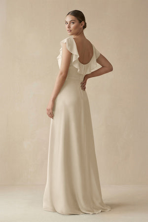 Square Neck A - Line Bridesmaid Dress with Ruffles in Champagne - KISS BRIDAL Bridesmaid Dresses