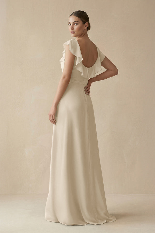 Square Neck A - Line Bridesmaid Dress with Ruffles in Champagne - KISS BRIDAL Bridesmaid Dresses