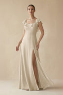 Square Neck A - Line Bridesmaid Dress with Ruffles in Champagne - KISS BRIDAL Bridesmaid Dresses
