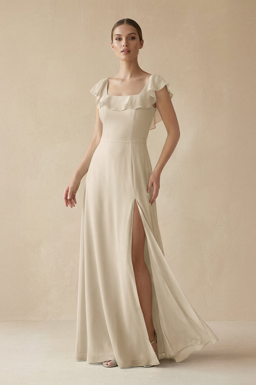 Square Neck A - Line Bridesmaid Dress with Ruffles in Champagne - KISS BRIDAL Bridesmaid Dresses