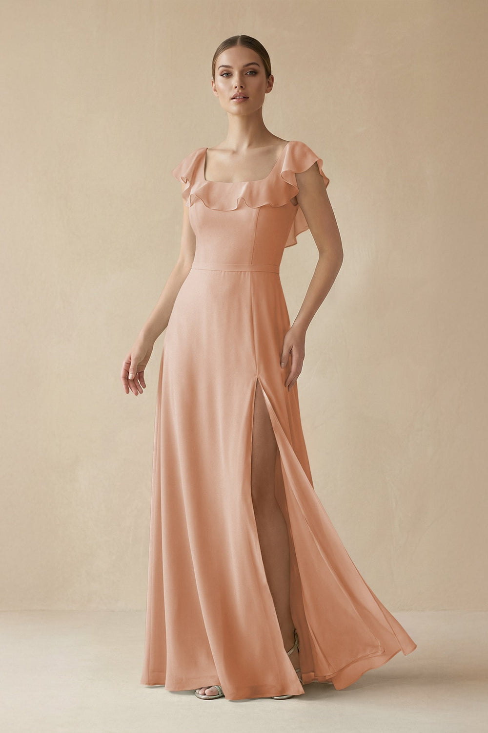 Square Neck A - Line Bridesmaid Dress with Ruffles in Champagne Rose - SHE IS ME Bridesmaid Dresses