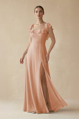 Square Neck A - Line Bridesmaid Dress with Ruffles in Champagne Rose - KISS BRIDAL Bridesmaid Dresses
