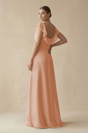 Square Neck A - Line Bridesmaid Dress with Ruffles in Champagne Rose - KISS BRIDAL Bridesmaid Dresses