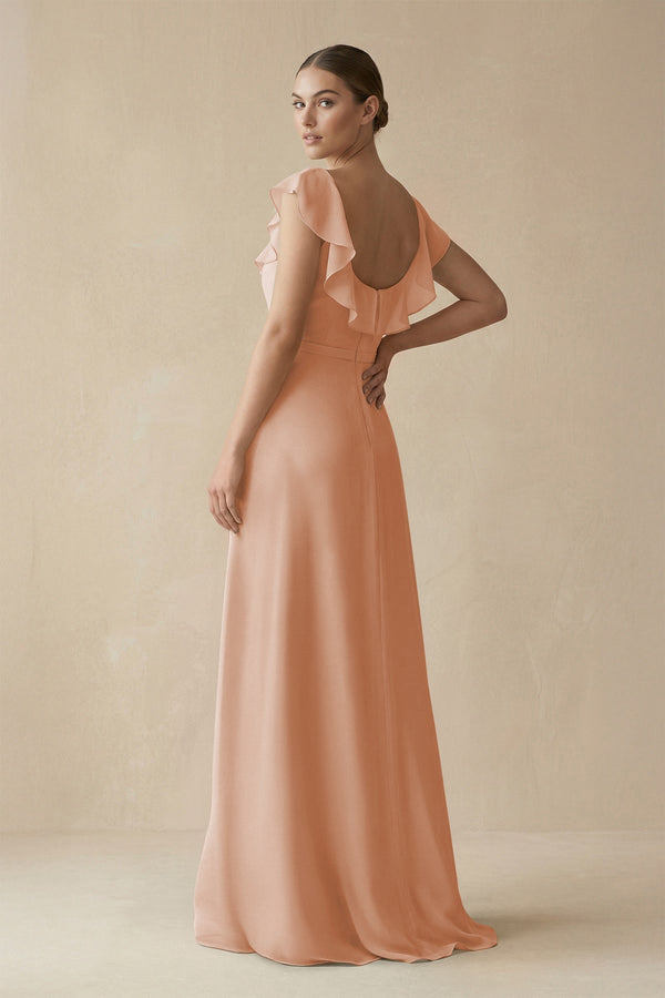 Square Neck A - Line Bridesmaid Dress with Ruffles in Champagne Rose - KISS BRIDAL Bridesmaid Dresses