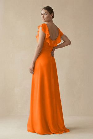 Square Neck A - Line Bridesmaid Dress with Ruffles in Cinnamon - KISS BRIDAL Bridesmaid Dresses