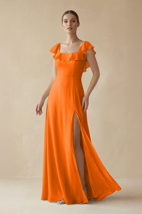 Square Neck A - Line Bridesmaid Dress with Ruffles in Cinnamon - KISS BRIDAL Bridesmaid Dresses