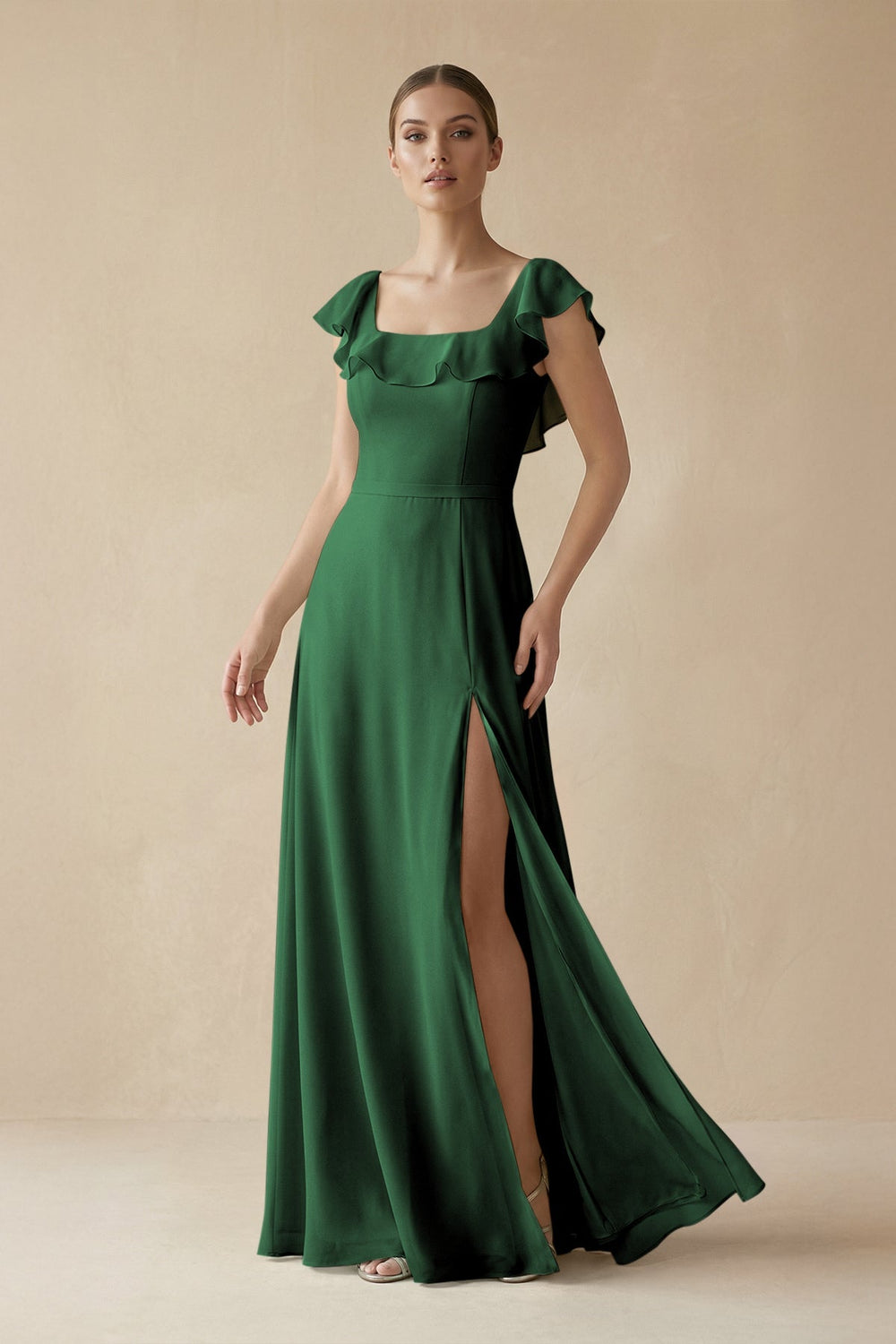 Square Neck A - Line Bridesmaid Dress with Ruffles in Dark Green - KISS BRIDAL Bridesmaid Dresses