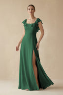 Square Neck A - Line Bridesmaid Dress with Ruffles in Dark Green - KISS BRIDAL Bridesmaid Dresses