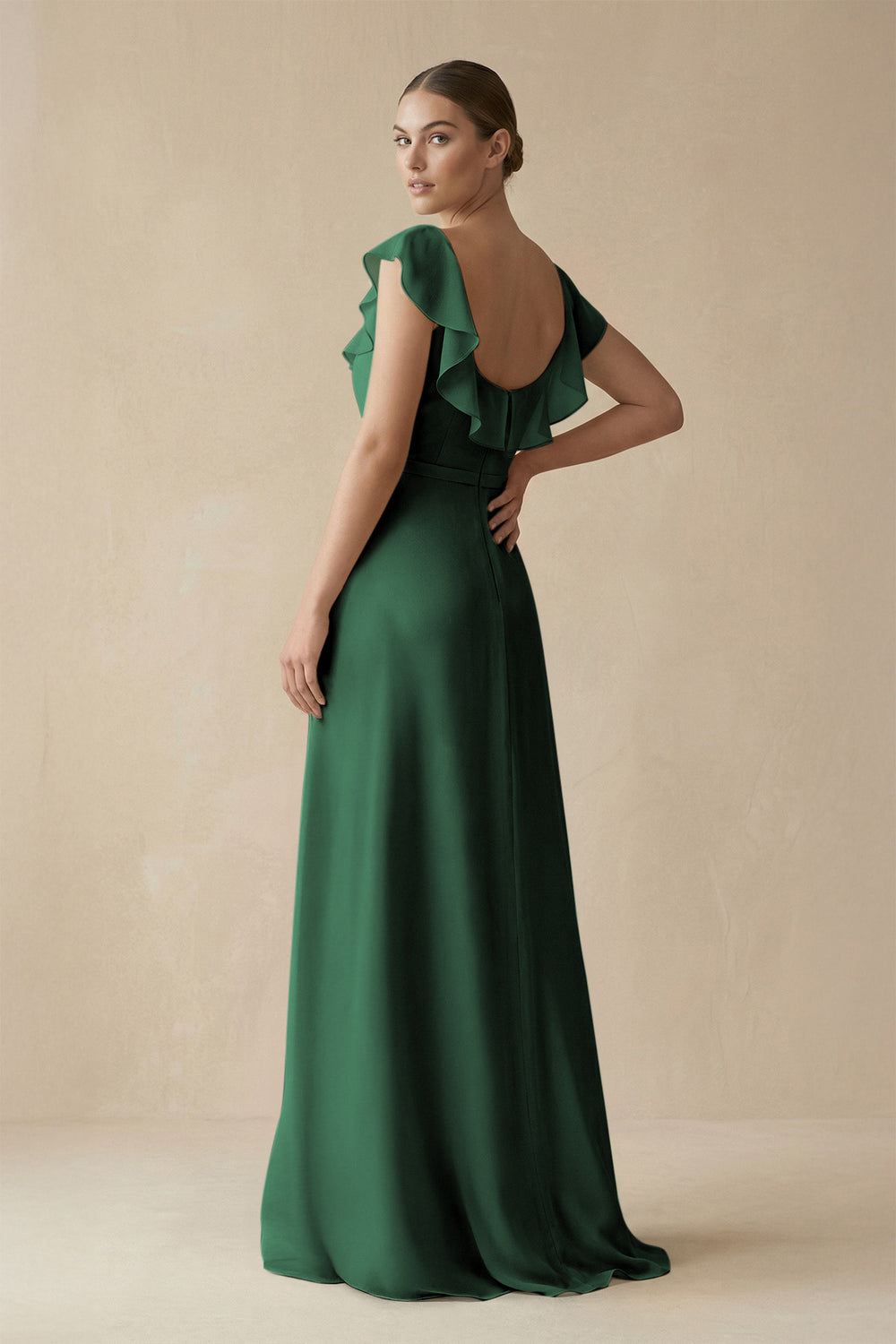 Square Neck A-Line Bridesmaid Dress with Ruffles in Dark Green